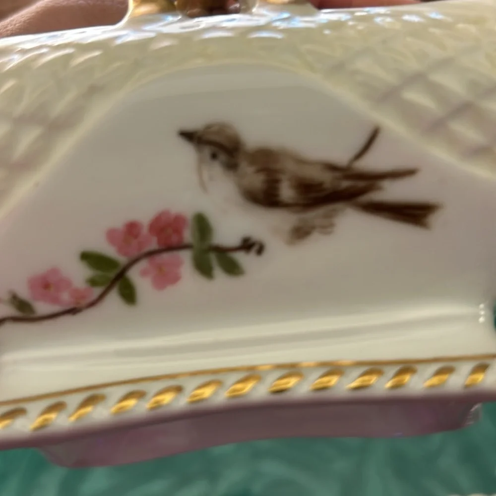 Charles Field Haviland Porcelain Basket, Floral and Bird Design with gol…